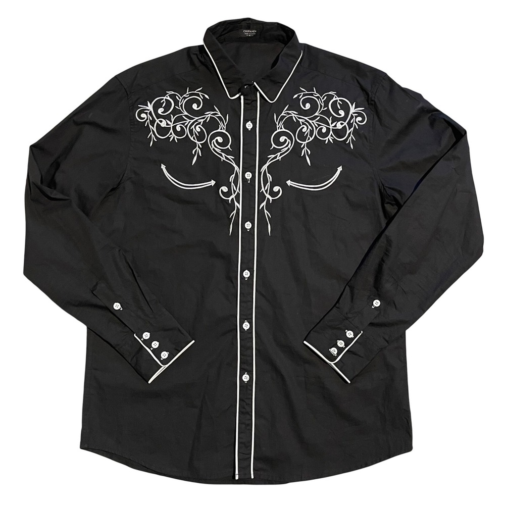 COOFANDY Mens Western Shirt Black White Embroidered Floral Long Sleeve Medium